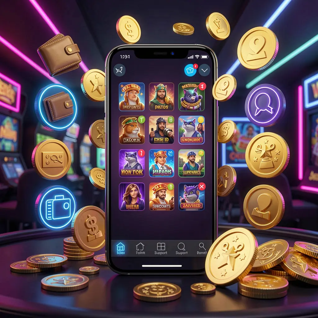 FND888 online casino app interface on a smartphone surrounded by icons for wallet, games, support, and rewards with golden coins and neon lights in a luxury 3D render