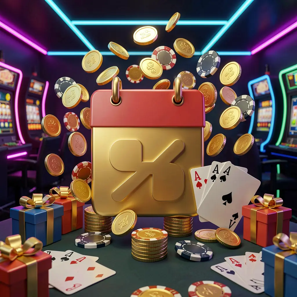FND888 weekly online casino bonus concept featuring a calendar icon surrounded by golden coins, gift boxes, poker chips, and playing cards in a festive casino atmosphere with dark modern background and neon lights