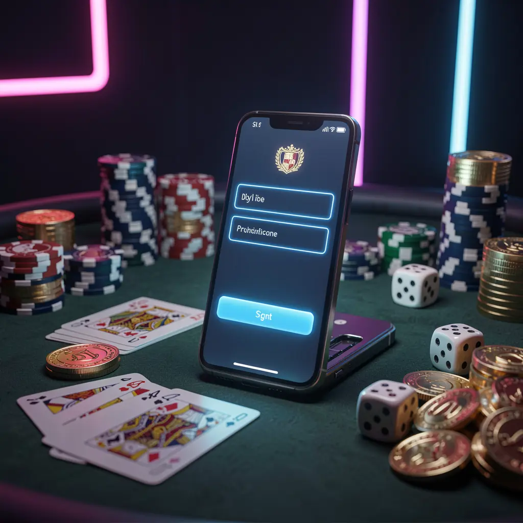 FND888 casino account sign in scene with a glowing smartphone on a casino table surrounded by cards, chips, dice, and gold coins, set against an elegant dark background with neon highlights in a realistic 3D render