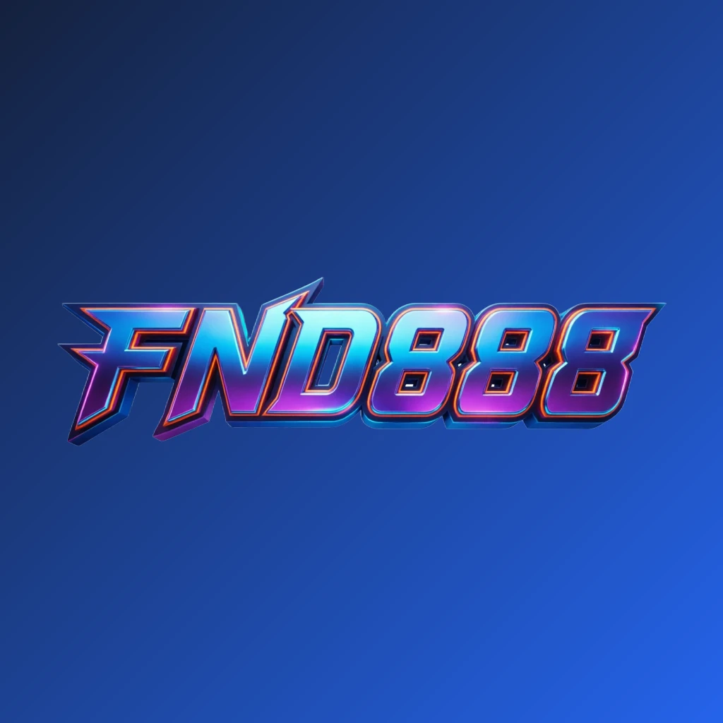 Bold 3D gaming logo with the text FND888 in energetic colors, featuring a modern esports-inspired horizontal rectangular wordmark design with a transparent background for website header