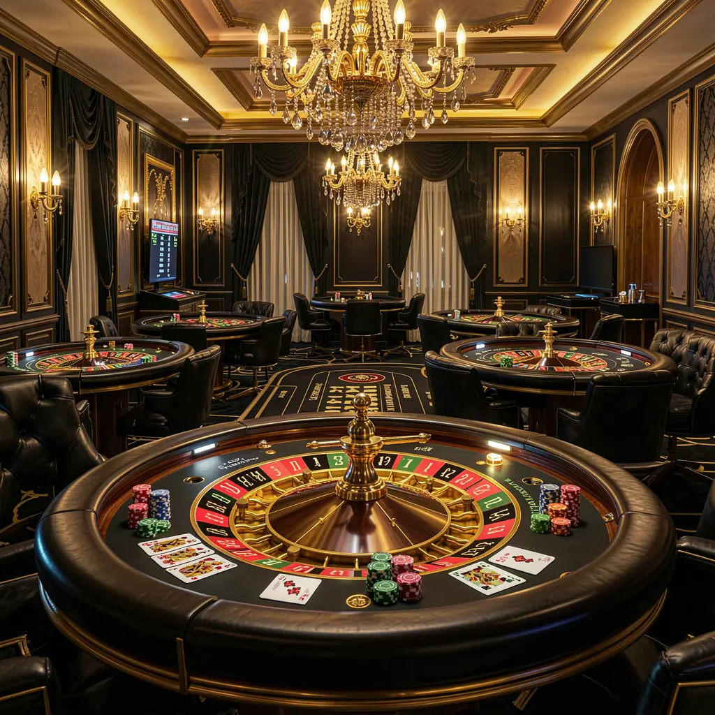 FND888 luxury online casino lobby with glowing roulette tables, golden lights, poker chips and cards in a premium black and gold design